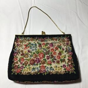 Vintage tapestry petit point embroidered floral black handbag kiss lock closure
